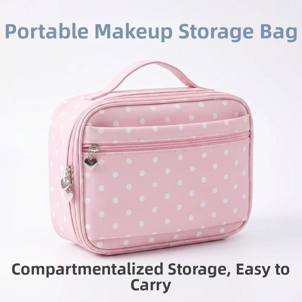 Polka Dot Portable Toiletry Pouch PU Leather Cosmetics Handbag Hanging Suitcase Organizer Women