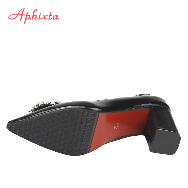 Aphixta 7cm 5cm Square Heels Patent Leather Pearl Buckle Shoes Woman Classics Pointed Toe Dress Official Pumps Party Big Size 48