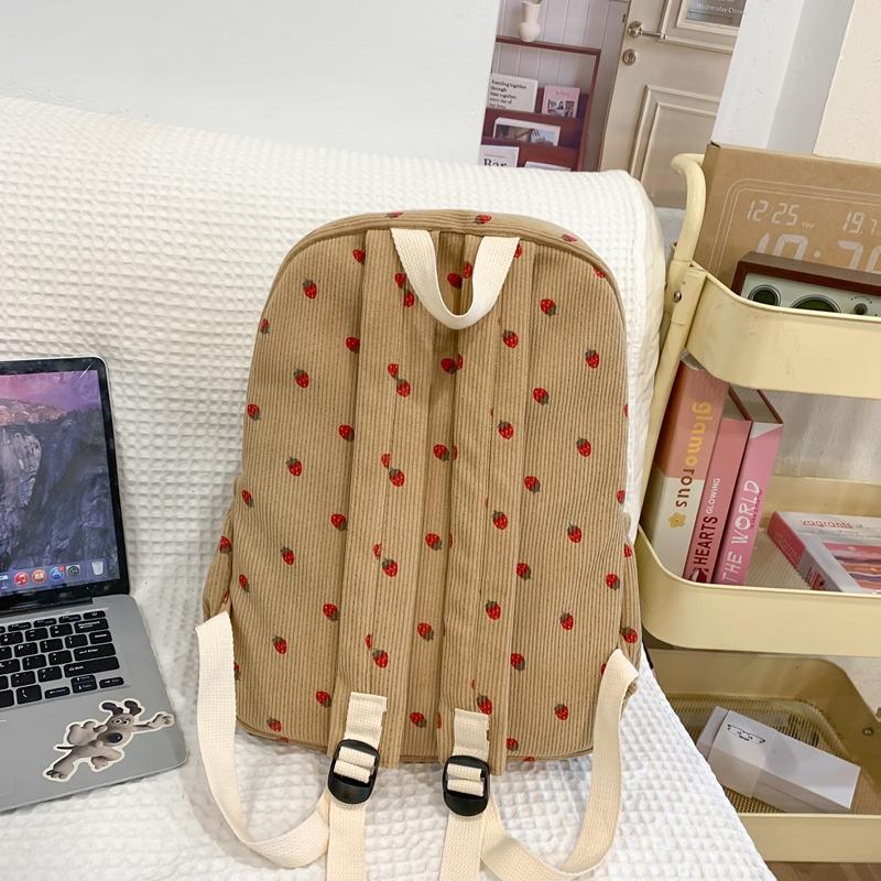 Cord-Rucksack mit Erdbeer-Print im College-Stil für Schüler, Schultasche mit großem Fassungsvermögen