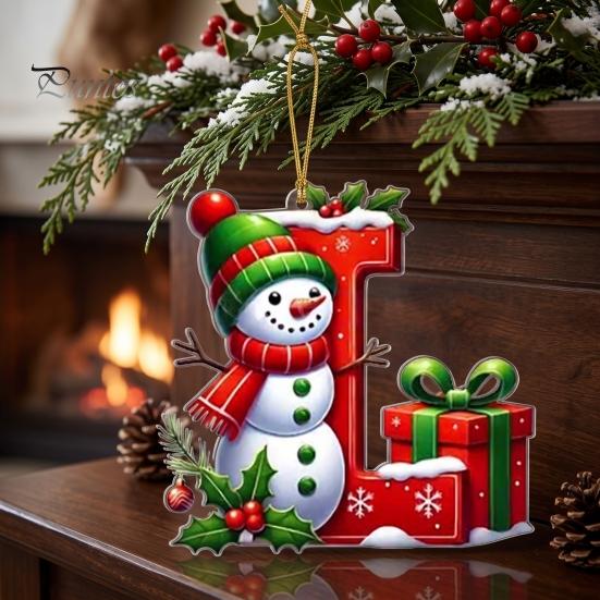 Holiday Party Scene Hanging Supplies 26Pcs Christmas Alphabet Ornament Set, 2D Acrylic A-Z Letters with Custom Xmas Tree Decor Santa Hat Snowman