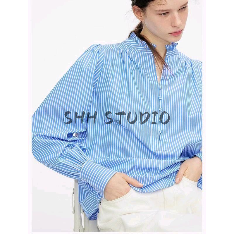 Spring New Women's Clothing Fashion Style Long Sleeves Fashion Casual Easiest for Match Pleated Collar Cotton Shirt 1270106