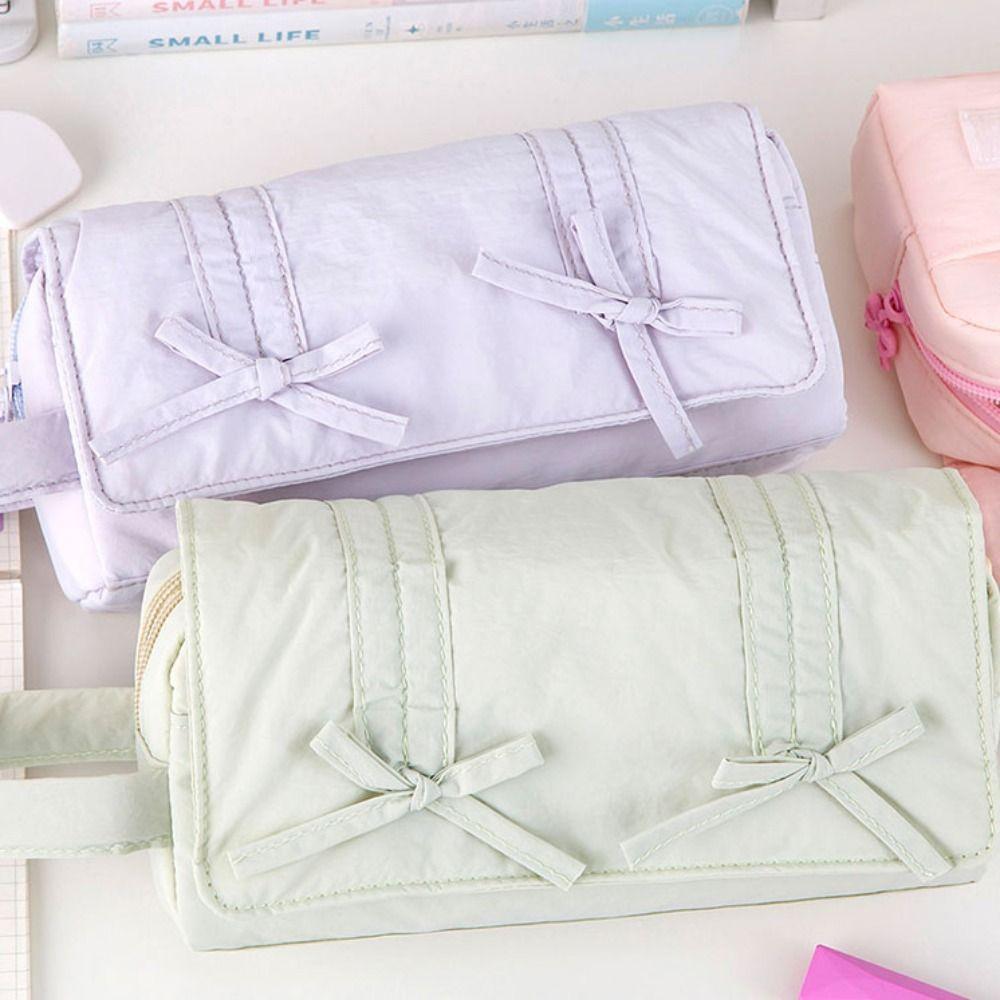 

Three Layers Pencil Pouch Bow Stationery Storage Bag Durable Pencil Case Girl зелёный