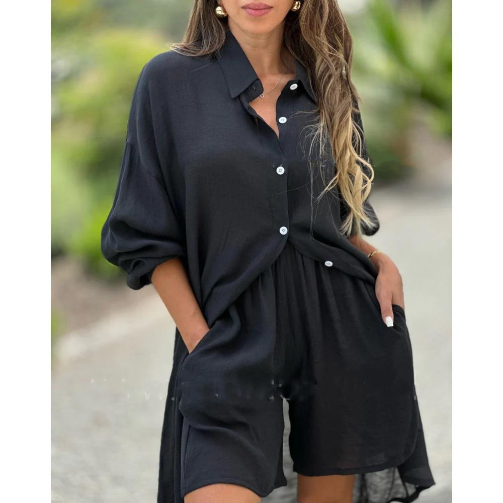 Spring New Women's Two-piece Shirt Set Plus-size Shirt Set High-waisted Loose Shorts