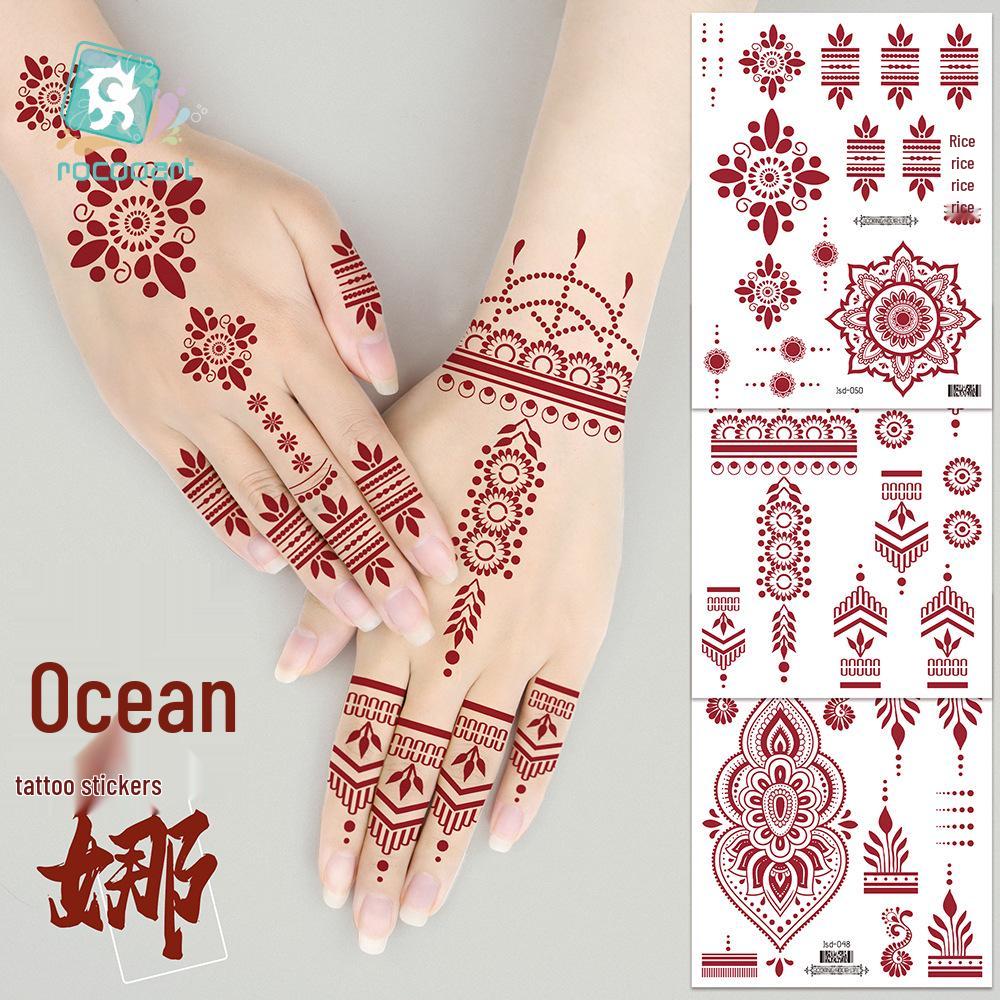Whitening Red Henna Lace Mandala Flower Waterproof Temporary Tattoo Stickers for Women