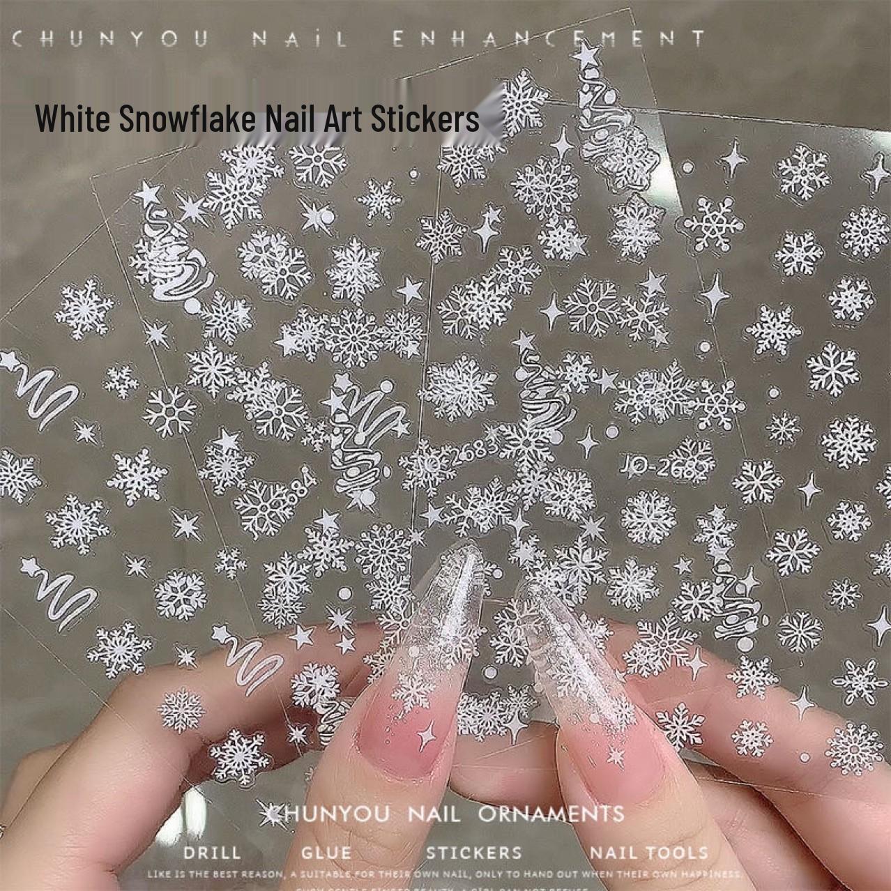 

Рождественские наклейки для ногтей «Снежинки»: Тонкие, Прочные, Дизайн с белыми снежинками Transparent Base Snowflake 82 White, One Sheet