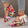 Fashion Women's High-heeled Sandals Fashion Round Head Open-toe Printed Waterproof Platform Side Butterfly Hitch Heel Shoes