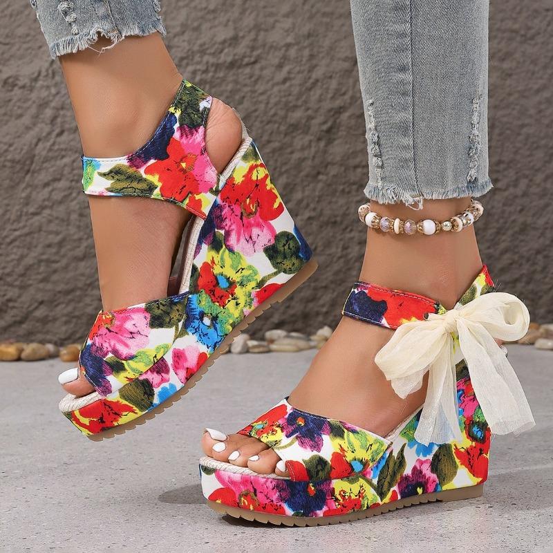 Fashion Women's High-heeled Sandals Fashion Round Head Open-toe Printed Waterproof Platform Side Butterfly Hitch Heel Shoes