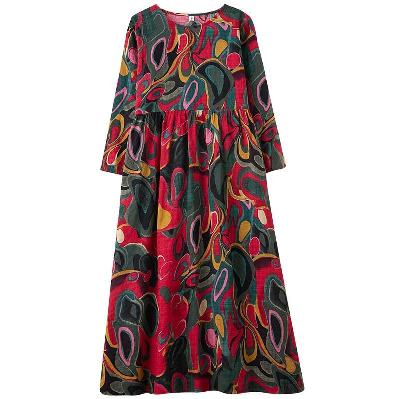 Rochie de vară cu mâneci lungi, stil floral de vacanță, stil de călătorie, guler rotund, casual, retro, cu acoperire de carne, pentru femei