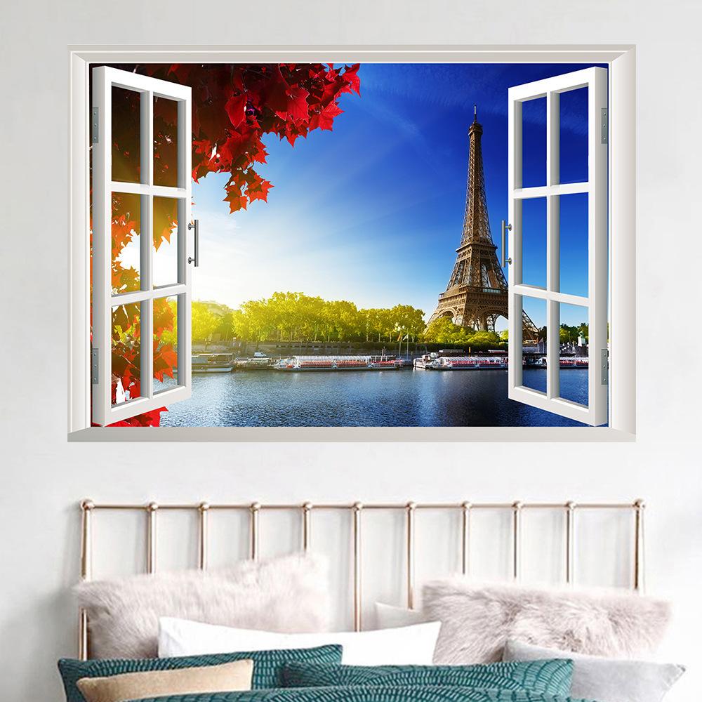57*90cm 3D Natural Scenery Eiffel Tower False Window Wall Painting Living Room Bedroom Removable Wall Sticker Hoom Decor