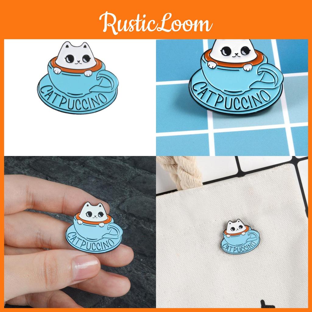 Whimsical Cat Design Enamel Pin Stylish Blue Coffee Cup Brooch For Fashion Lovers