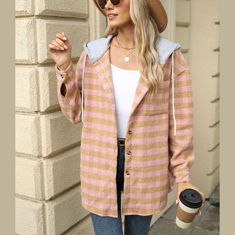 Women Autumn Winter Long Sleeve Hooded Plaid Warm Woolen Coat Cardigan