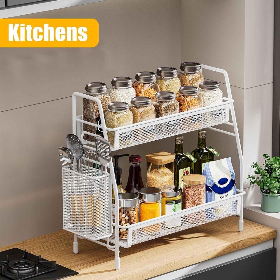 Bathroom Counter Organizer Bathroom Organizer Countertop with Side Basket Kitchen Countertop Organizer Metal Spice Rack Organiz