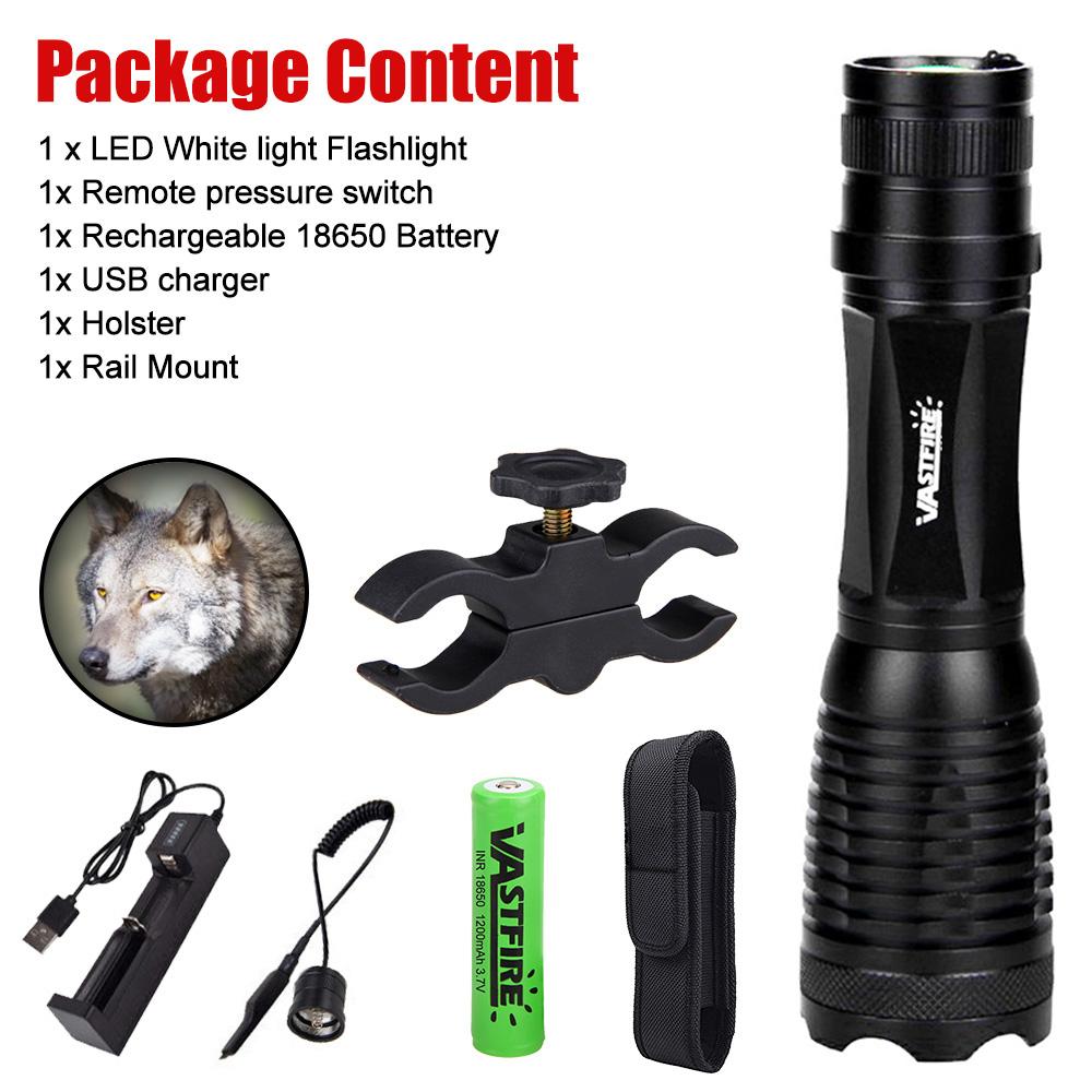Hunting Flashlight Zoomable White/Red/Green Light Tactical Flashlight LED Light With 18650 Battery+Charger+Pressure switch