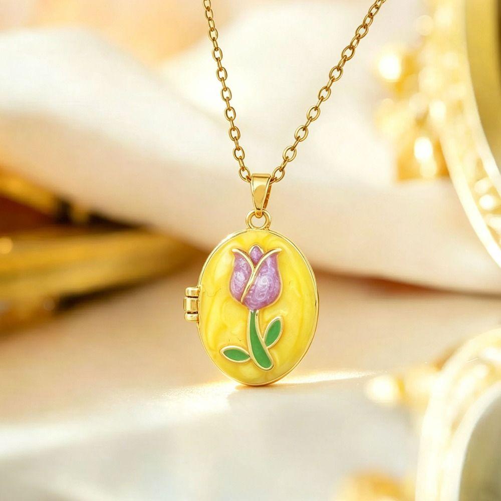 Opening and Closing Lid Photo Locket Pendant Necklace Titanium Steel Glazed Flower Choker Girl