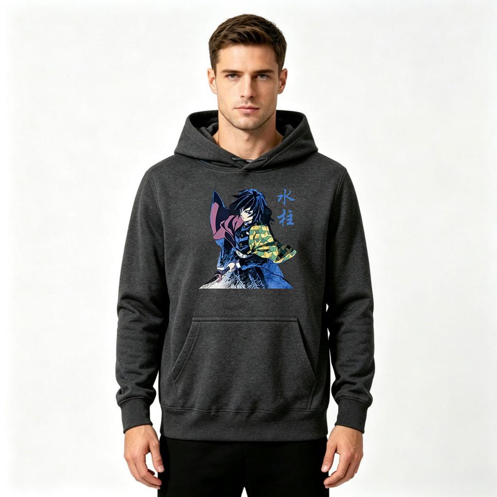 Men Anime Demon Slayer Tomioka Giyuu Print Pullover Hoodie Casual Long Sleeve Sweatshirt