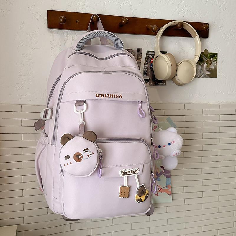 Color Solid Simple Letter Pattern Student Backpack With Decoration Pendant