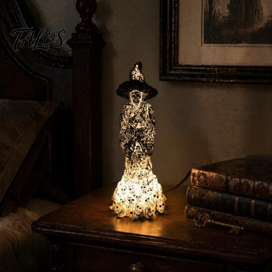 Bohemian Style Home Accents Skeleton Witch Resin Figurine, LED Light Up Gothic Statue, Spooky Halloween Night Dark Fantasy Ornament for Desk,