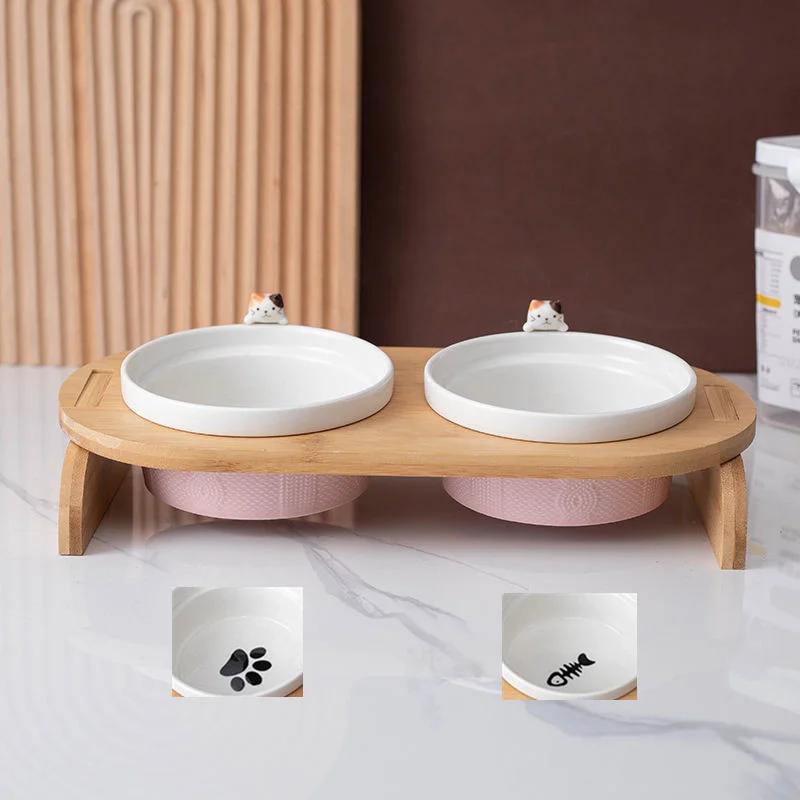 Cartoon Pets Double Bowl Dog Cat Food Water Feeder Stand Raised Ceramic Dish Bowl Wooden Table Pet Supplies Cat Bowls