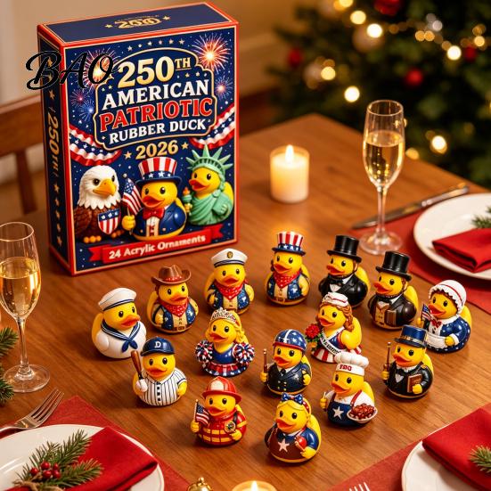 Acrylic Surprise Gift Boxes 2026 USA 250th Anniversary Rubber Duck Advent Calendar, 24-Day Patriotic Countdown Creative Holiday Kit Collection Box, 2D