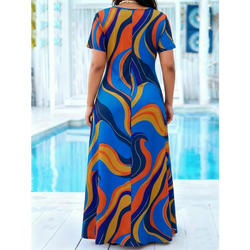 Plus Size Multicolor Wave Print Maxi Dress, Summer Casual Round Neck Short Sleeve Loose Sundress With Side Pockets