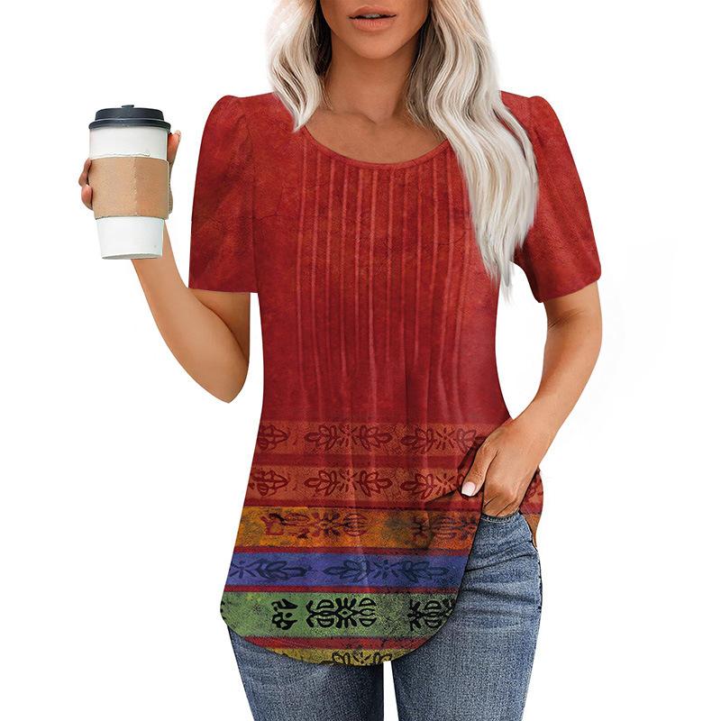 Neues plissee-Rundhals-Kurzarm-T-Shirt Damen-Oberteil Damenbekleidung