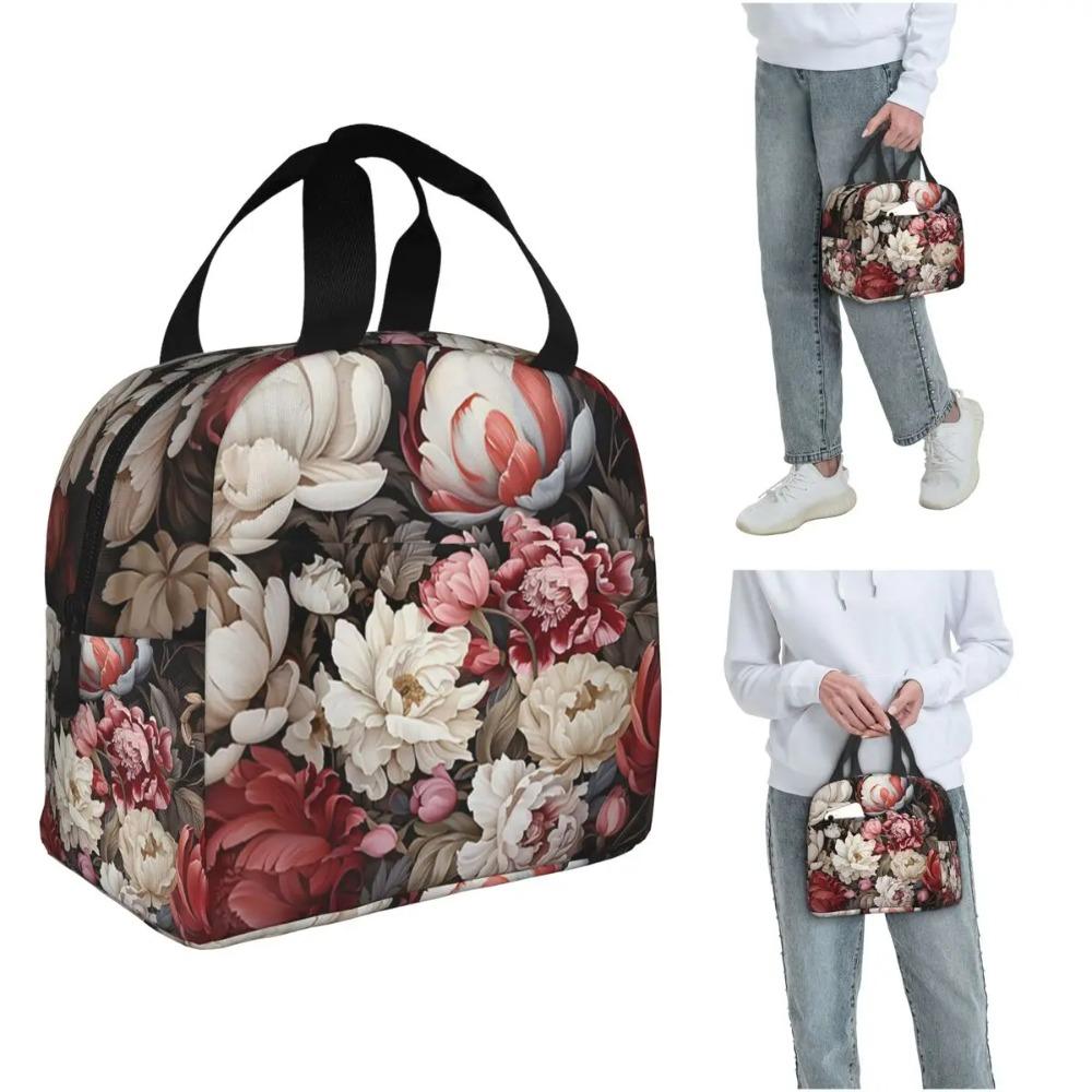 Elegant Red And White Peony Floral Nightgarden Insulated Lunch Bag for Women Kids Portable Food Boxes Thermal Lunch Box Tote