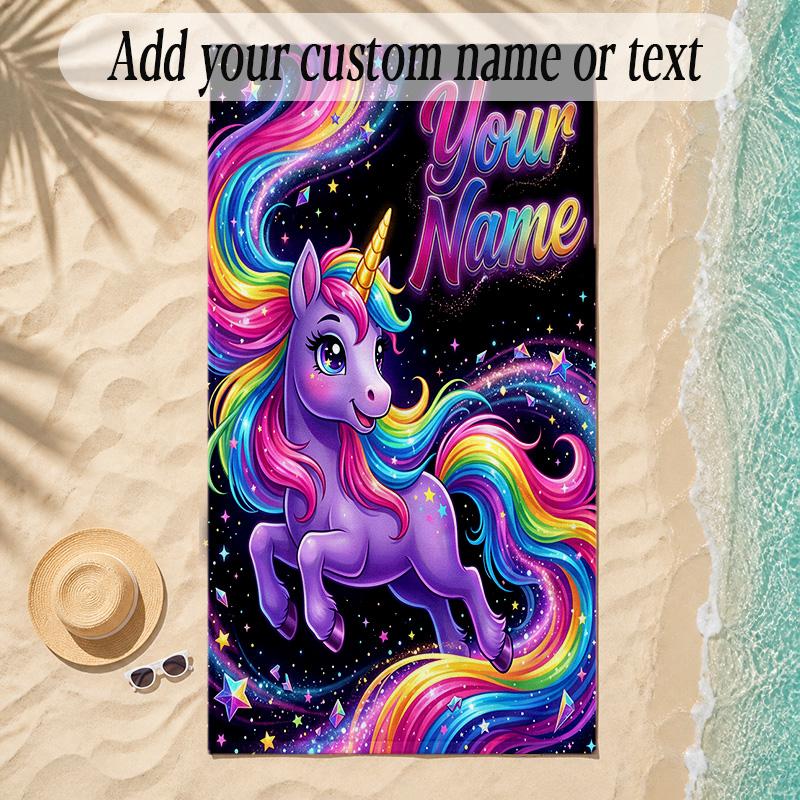 Unicorn Theme Soft Beach Towel Personalized Custom Name Text Towel Portable for Beach Pool Travel