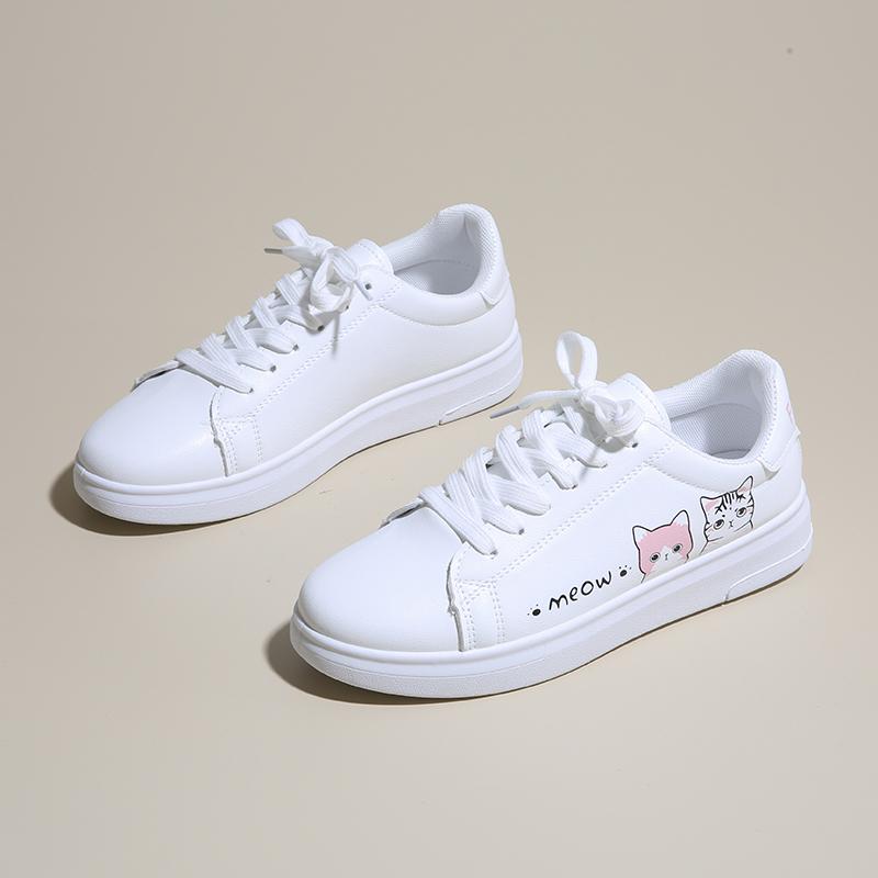 Women's White Vulcanized Shoes | Fashionable Breathable PU, Cute Cat Cartoon Shoelaces, Casual Footwear