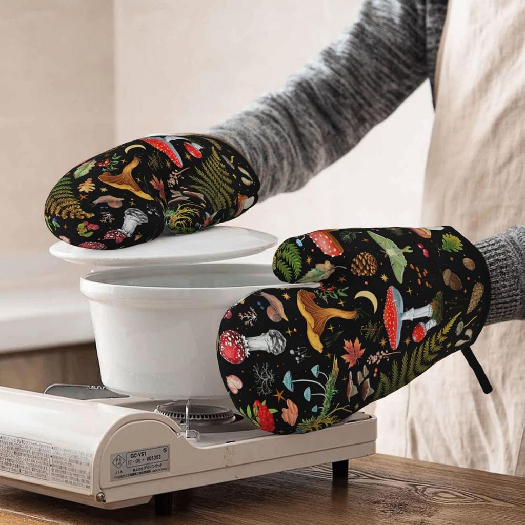 Mushroom Oven Mitts and Pot Holders 2pcs Set, Kitchen Oven Glove Heat Resistant Oven Mitts and Potholder with Non-Slip Silicone Surface for Cooking(1