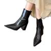 2025 autumn and winter new European and American fashion pointed short tube thick heel Martin boots women's thin boots patent leather high heel sho
