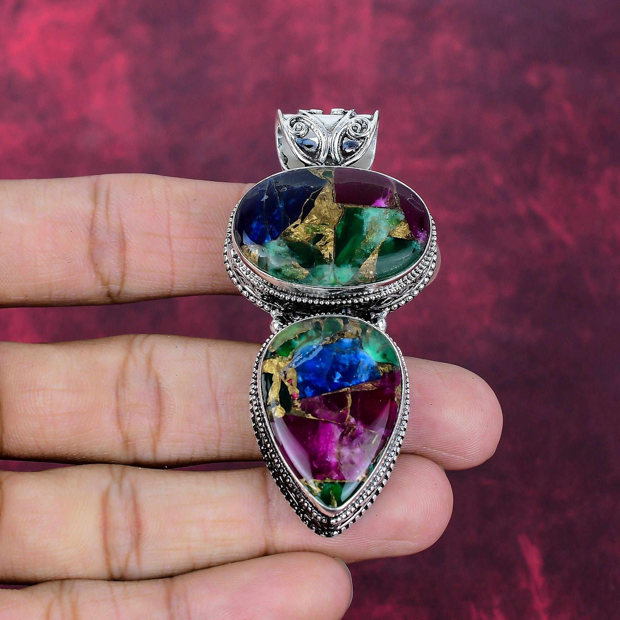 

Многоцветный медный бирюзовый кулон ручной работы с драгоценным камнем, кулон из стерлингового серебра 925 пробы, красивые ювелирные изделия, дизайнерский кулон 2.75