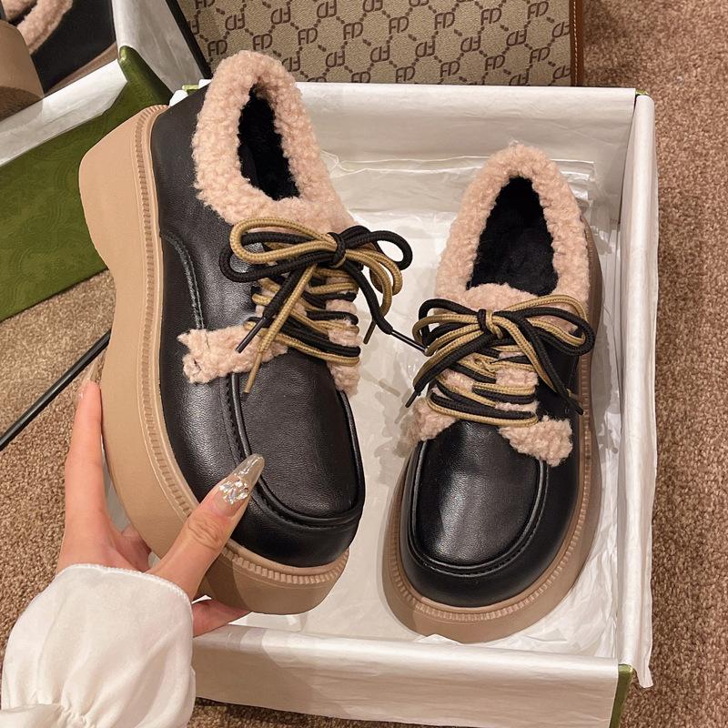 Winter new velvet thickened small cotton shoes retro thick-soled warm single shoes with skirts to increase the height of British style small leather 