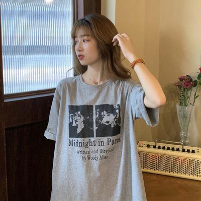 Summer new American printed lower clothes missing medium and long loose top white short-sleeved T-shirt women's ins tide