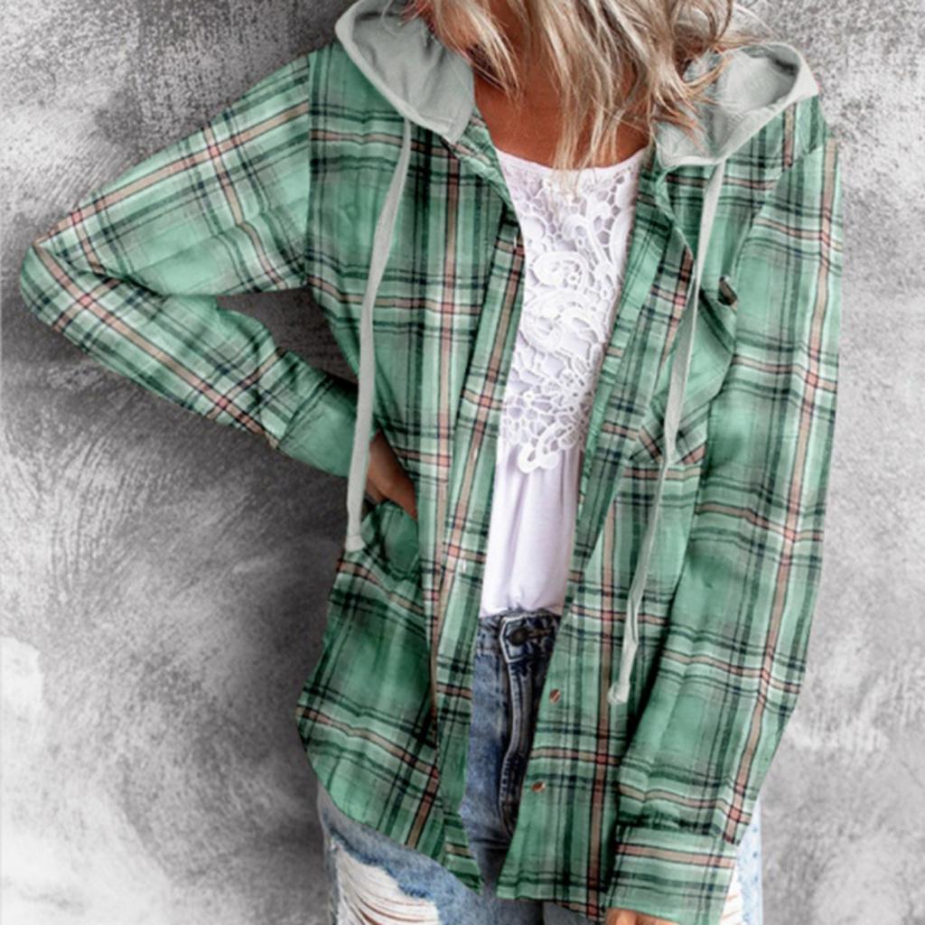 Autumn Winter New Women's Fashion Casual Plaid Colorblock Hooded Shirt Jacket