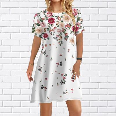 Women Casual Dress Summer Flower Butterfly Print Dresses For Women O-neck Short Sleeve Dress Plus Size