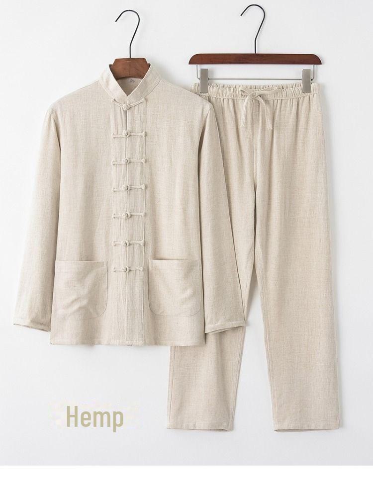 

Мужской ретро-китайский стиль хлопка и льна с длинными рукавами костюм Тан Ханьфу Тайцзи Дзен Топ XL