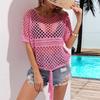 Women Crochet Hollow Out Cover Up Top Drawstring Crew Neck Short Sleeve Knitted Bikini Cover Up White S