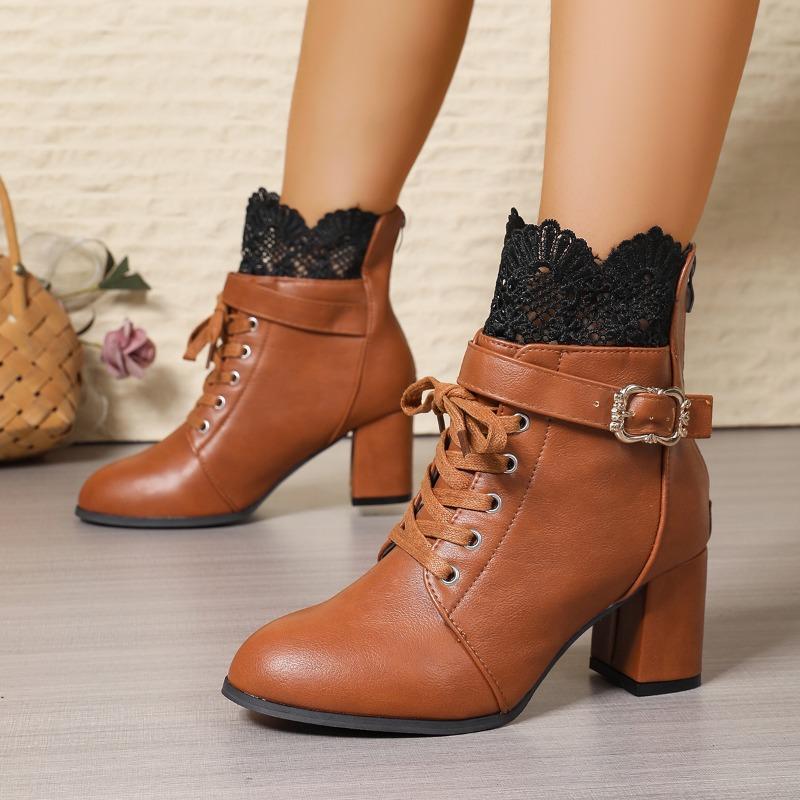 Round Toe Lace Up Side Zip Metal Buckle Soft Sole Pumps Spliced Lace Booties