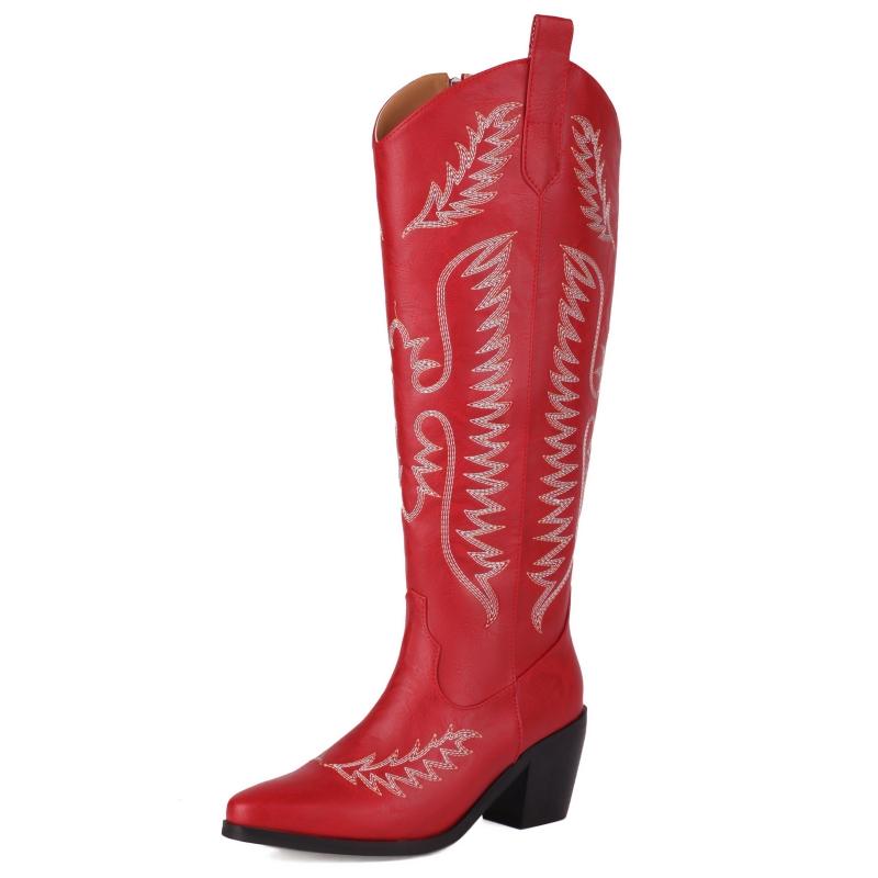 Western Women's Knee High Boots 2025 Block Wedge Heels Winter Shoes Ladies Black Red Embroider Long Cowboys Boots Footwear