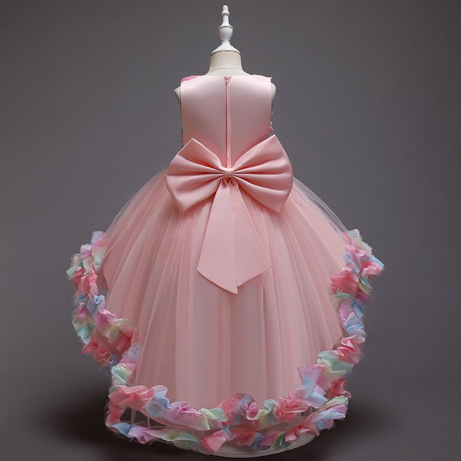 Girls Mesh Flower Runway Dress Children's Party Wedding Princess Dress with Train