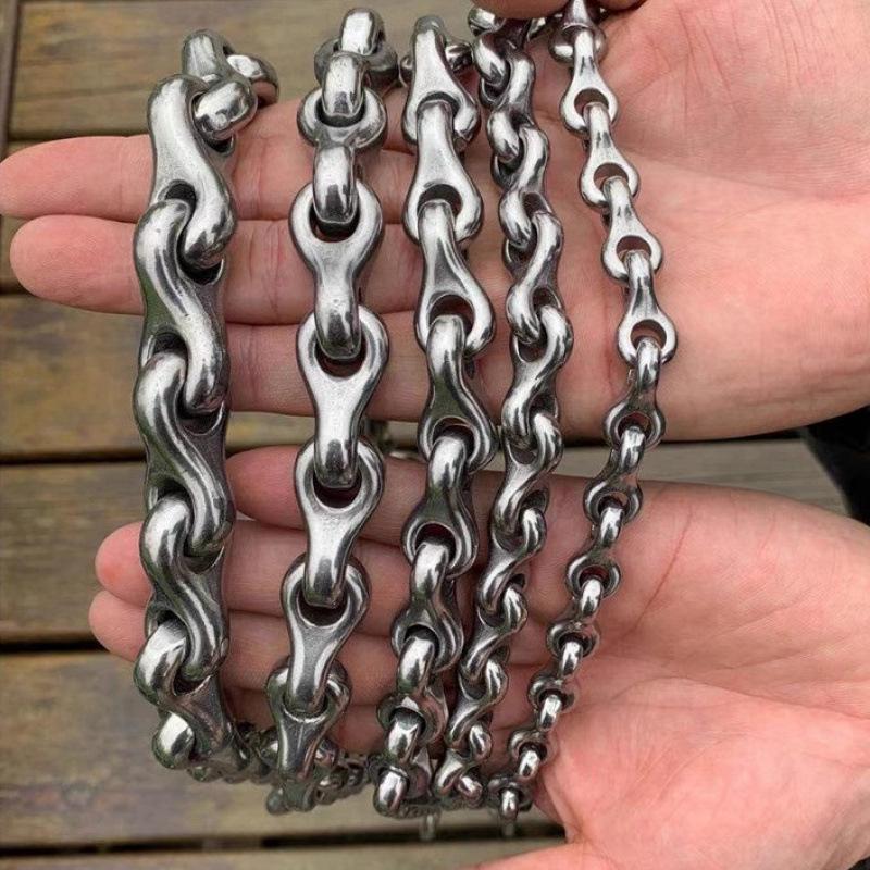 Sturdy Ribbed Chain Cowhide Handle Stainless Steel Anti-Bite Leash for Medium to Large Dogs