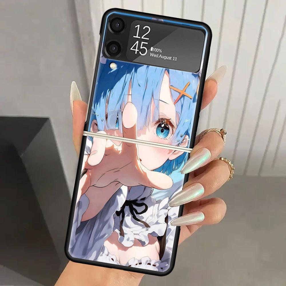 R-Rem Re Zero Anime Hard PC Phone Case For Samsung Galaxy Z Flip 7 6 5 4 3 Black ZFlip7 ZFlip6 Flip5 Flip4 Flip3 5G Print Cover
