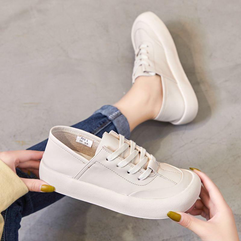 Fashion GKTINOO Genuine Leather Lace Up White Shoes For Women Flats Heel Sofe Soles Sneakers Shoes Luxury Leisure Fashion Big Head Shoes