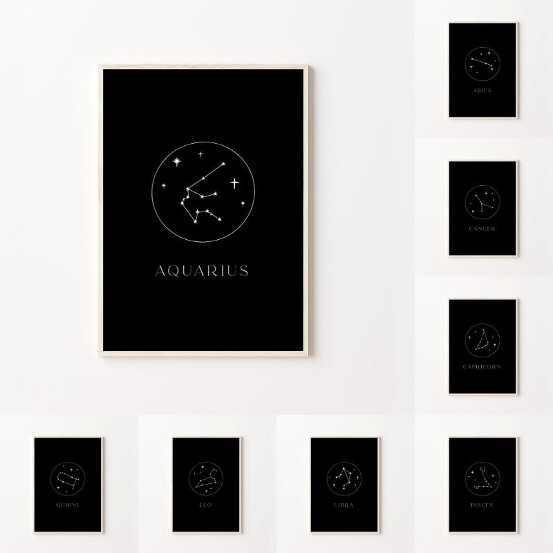 Minimalist Astrology Art Print Cream Beige and Black Zodiac Home Wall Decor Star Sign Neutral Constellation Canvas Poster