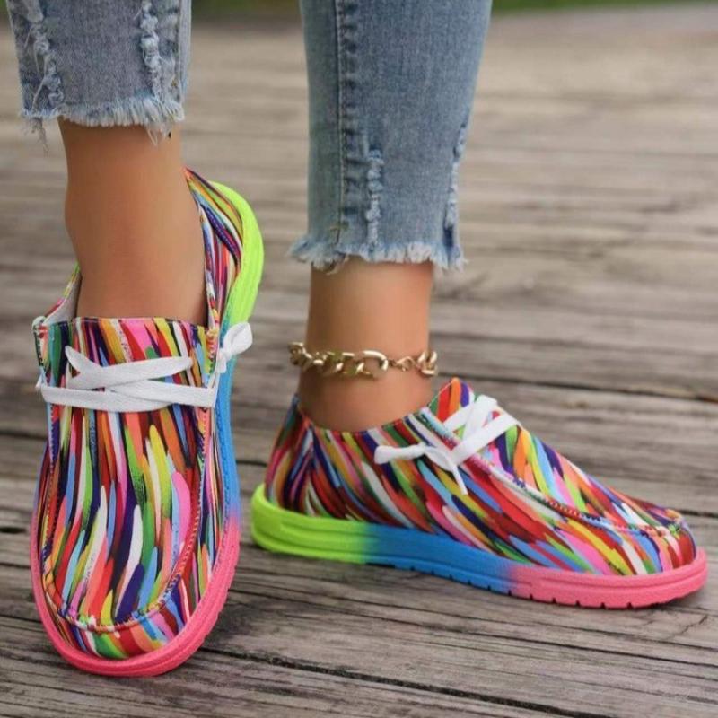 Fashion 2025 Women's Ethnic Rainbow Canvas Shoes Autumn New Round Headed Multi Color Printed Lace Up Casual Wear Women's Flat Shoes
