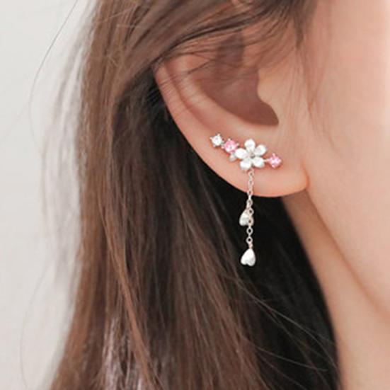 1 Pair Alloy Dangle Earrings Exquisite Heart Cherry Blossom Rhinestone Piercing Hook Earrings for Holiday