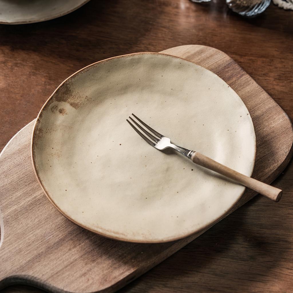 Coarse Pottery Shallow Plate Retro Style Plate Vegetable Plate Household Japanese Tableware Plate Plate Round Western Food Plate Pasta Plate