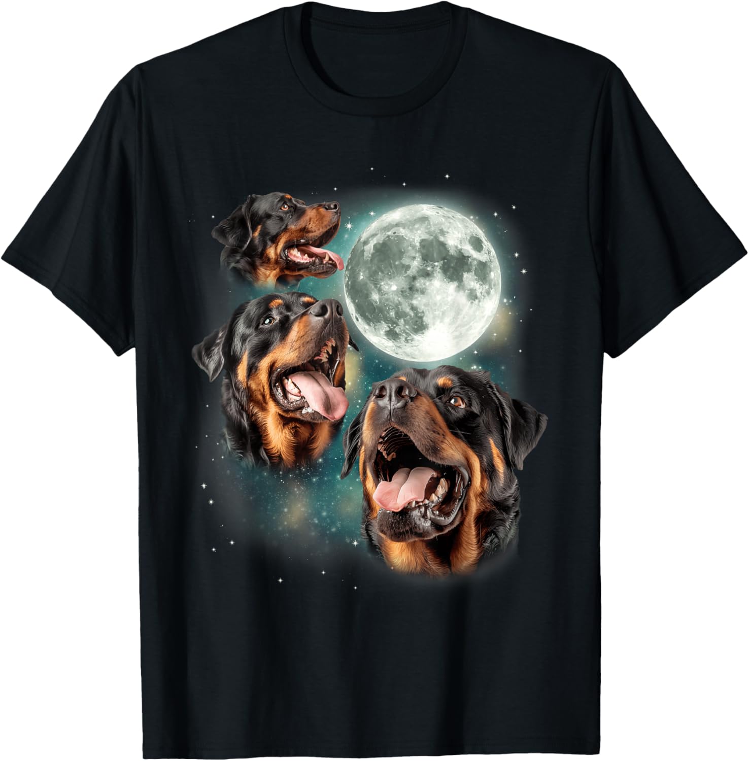 Three Rottweiler Howling at Moon Graphic T-Shirt Rottie Lovers Short Sleeve Crewneck Tee S