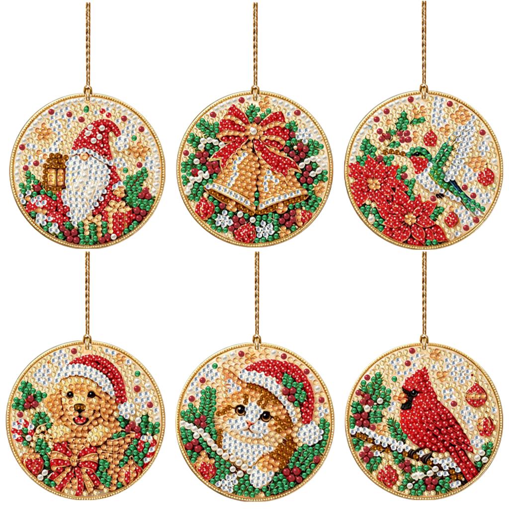 DIY Diamantmalerei Weihnachtsornamente 6 Stück Holz Runde Anhänger Harz Edelstein Feiertagsdekorations-Set