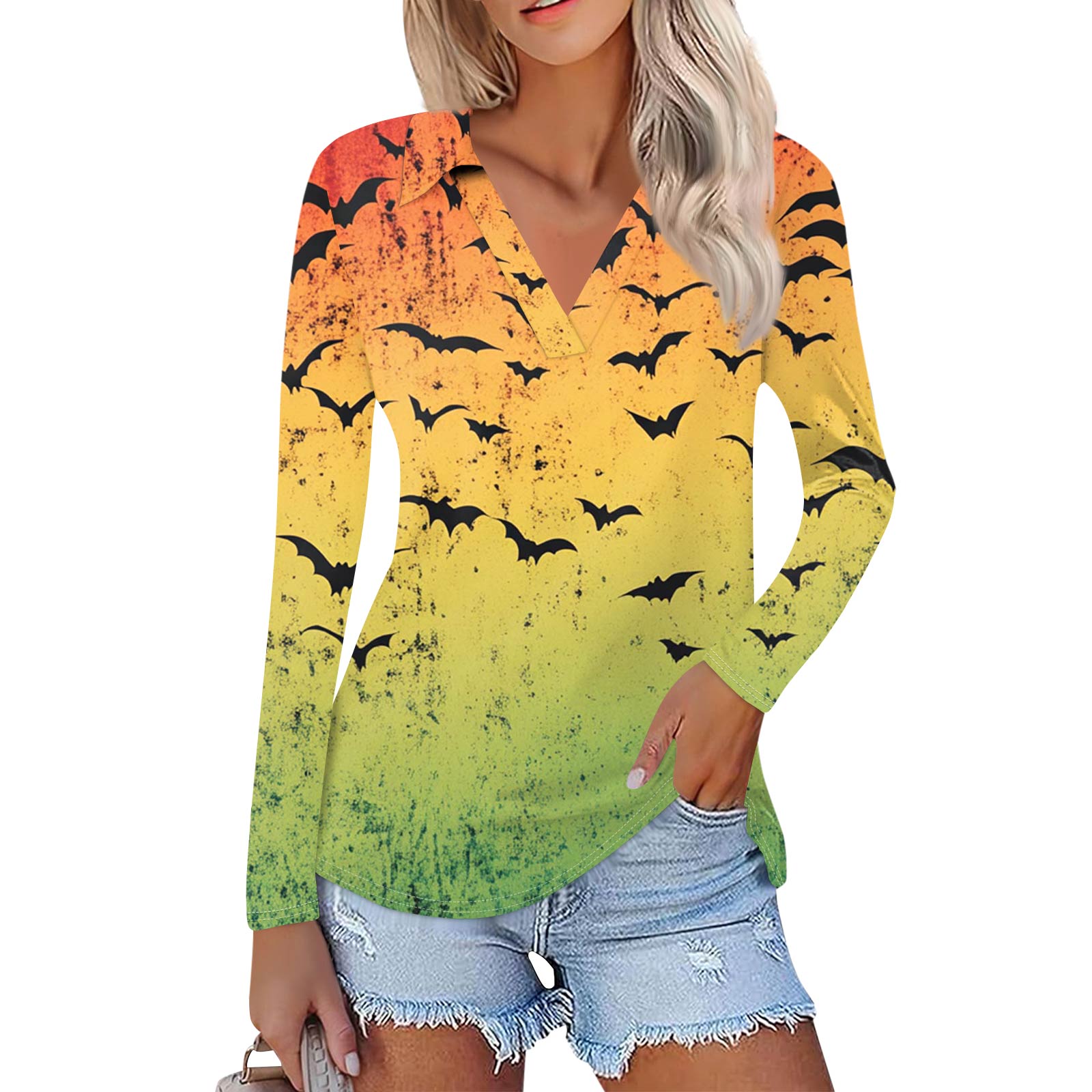 

Женская летняя модная повседневная рубашка с v-образным вырезом и длинным рукавом с принтом, топ L